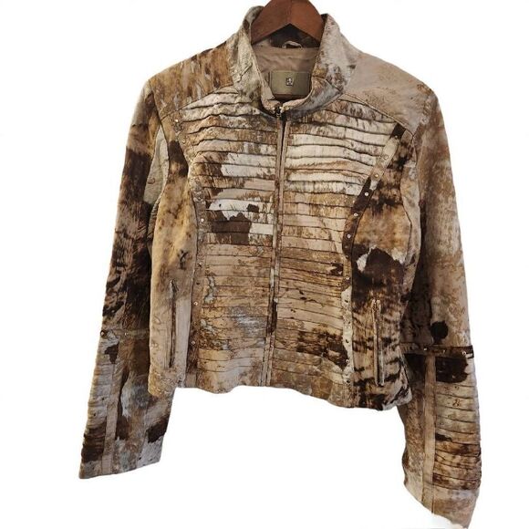 Leather Cowhide Print Rhinestone Moto Jacket Size Large - Picture 1 of 7